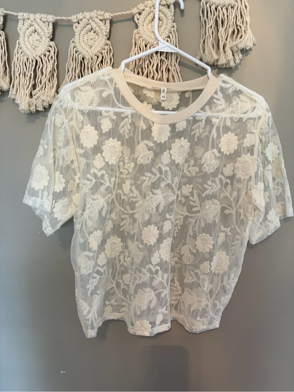 Maurices Sheer Embroidered Floral Short Sleeve Top - Cream